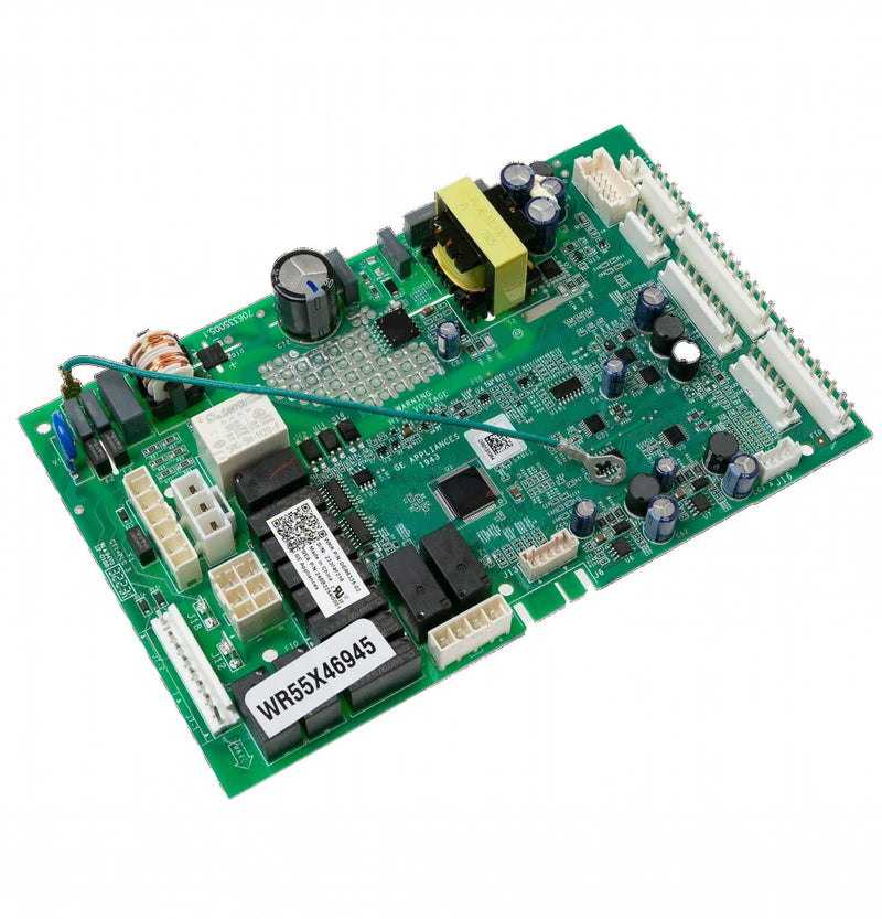 Green printed circuit board with black, white, and yellow electronic components
