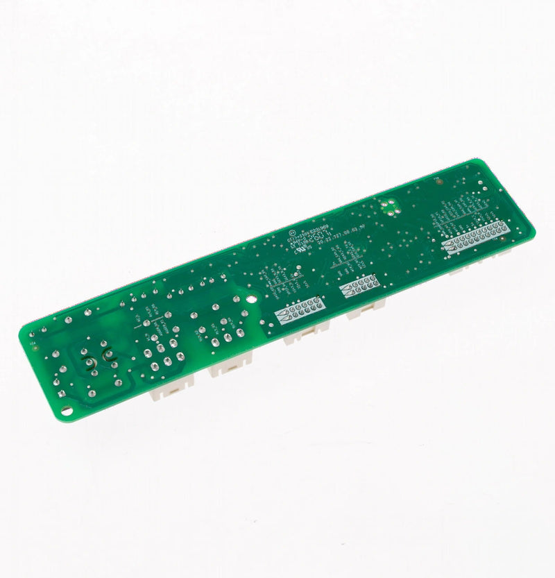 Green rectangular circuit board with silver solder points and white plastic connectors