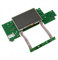 Green circuit board assembly with a rectangular black display screen mounted centrally, connected by flexible ribbon cables to three smaller green printed circuit boards