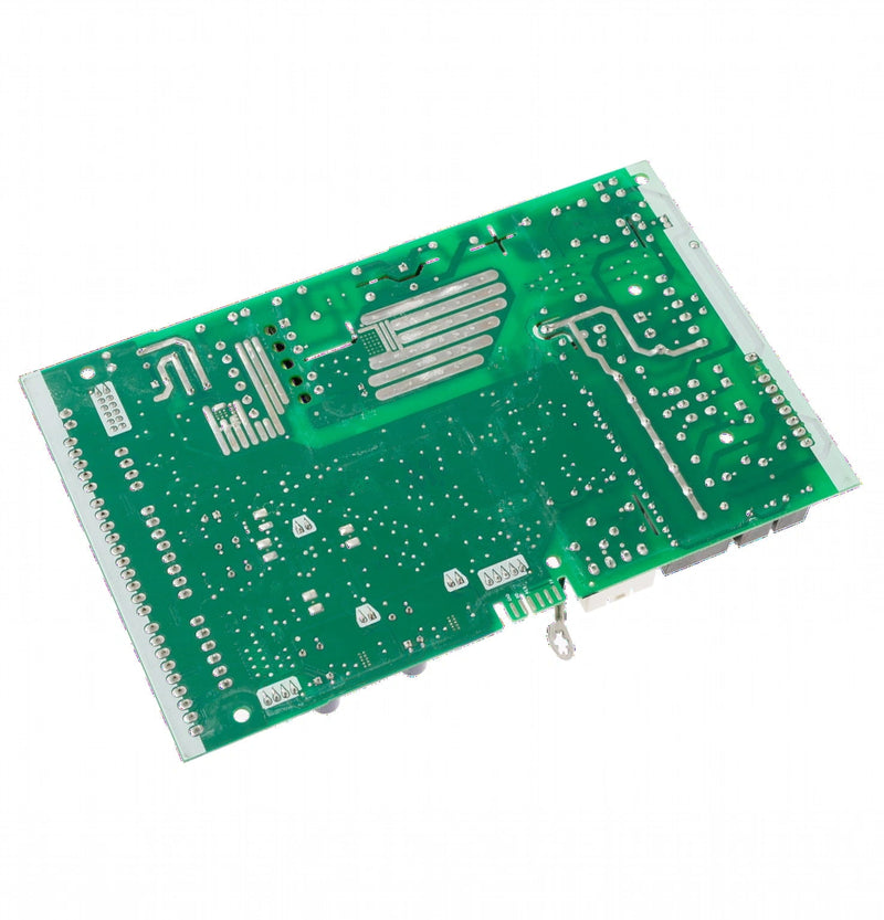 Green rectangular printed circuit board with silver conductive traces and solder pads