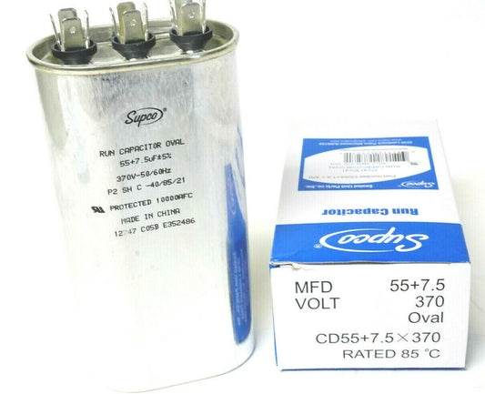 SUPCO CD55+7.5X370 HVAC Oval Motor Run Capacitor 55 + 7.5 MFD/UF 370 Volts