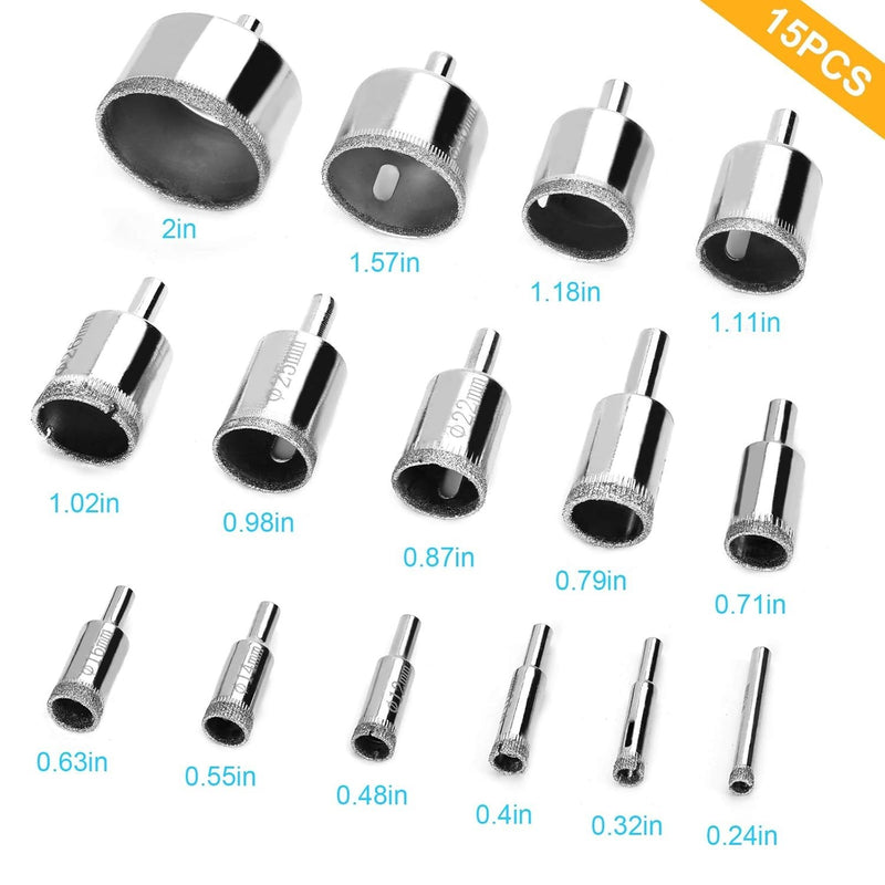 15 Pcs Diamond Hole Saw Drill Bit Set Kit, Cutting 0.23 Inch - 2 Inc 6mm - 50mm