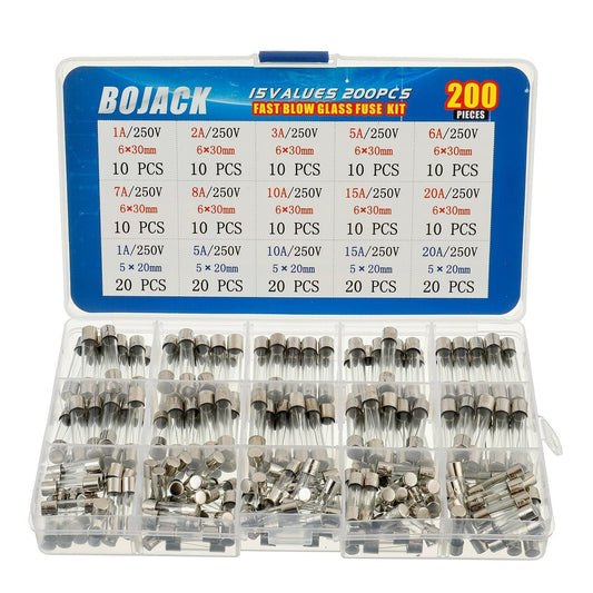 200pcs Fast Blow Glass Fuse Assortment Kit 5x20mm 6x30mm 1A-20A 250V Set