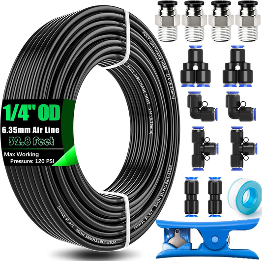 1/4" Air Line Tubing Kit 32.8FT PU Tube with Push Connect Fittings 15PCS